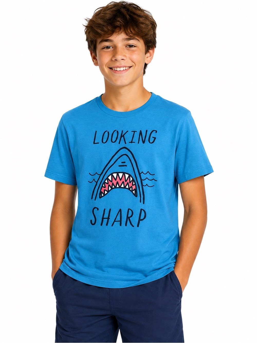Old Navy Boys Looking Sharp Shark Graphic T-Shirt Blue Short Sleeve XL 14-16